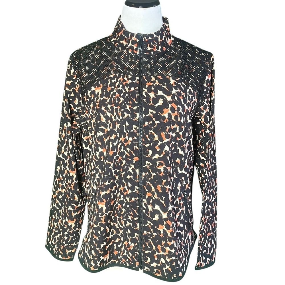 Zenergy by Chicos Animal Print Mesh Trim Full‎ Zip Jacket Mock Neck Size 2 Large
